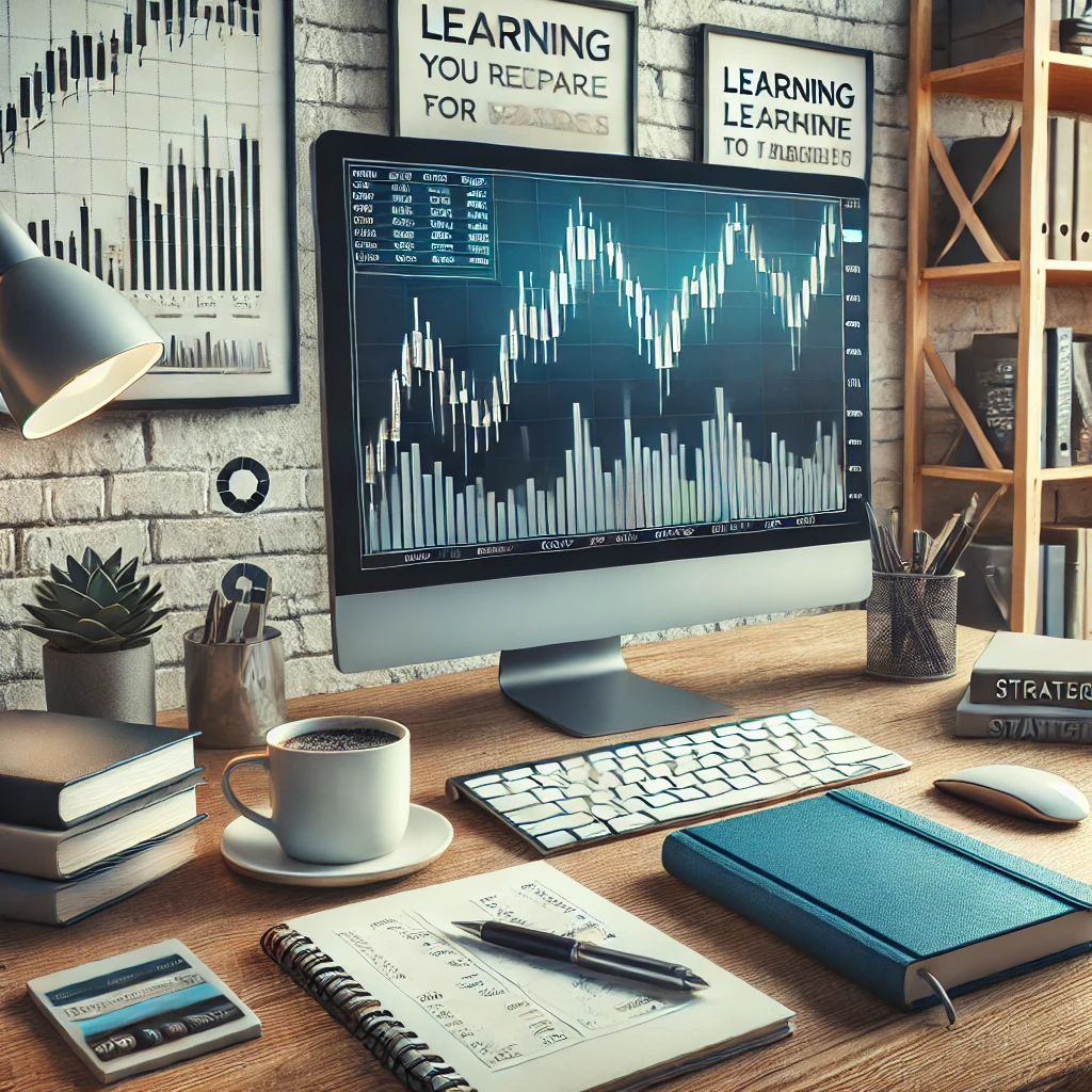 Beginner trader's workspace featuring a desk with a computer monitor displaying candlestick charts, trading books, a notepad with strategy notes, and motivational quotes on the wall, symbolizing preparation for financial markets.